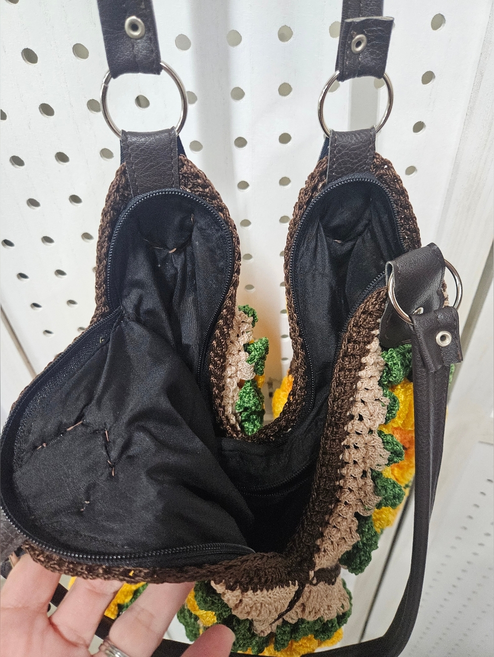 Crochet Sunflower 3D Shoulder Bag - Yellow, Green, Brown Boho - Picture 3 of 7